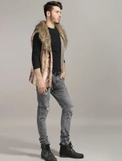 Men Faux Fur Vest Furry Waistcoat Pillow Collar Winter Coat