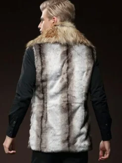 Men Faux Fur Vest Furry Waistcoat Pillow Collar Winter Coat