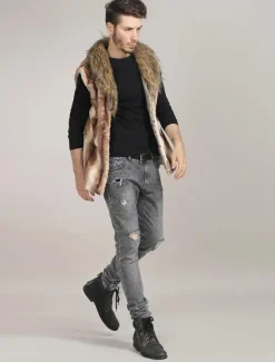 Men Faux Fur Vest Furry Waistcoat Pillow Collar Winter Coat