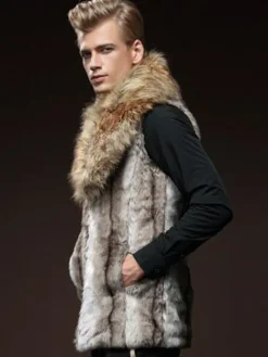 Men Faux Fur Vest Furry Waistcoat Pillow Collar Winter Coat