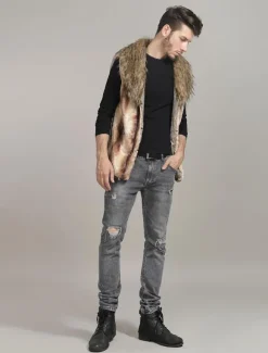 Men Faux Fur Vest Furry Waistcoat Pillow Collar Winter Coat