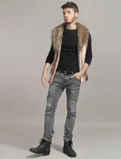 Men Faux Fur Vest Furry Waistcoat Pillow Collar Winter Coat