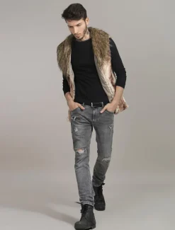 Men Faux Fur Vest Furry Waistcoat Pillow Collar Winter Coat