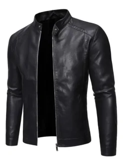 Men Faux Leather Jacket Long Sleeves Casual Windbreaker Lightweight Outwear Coat