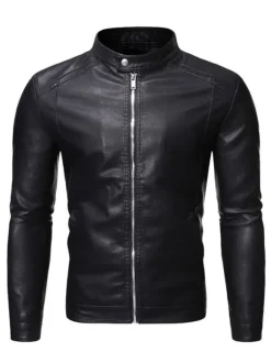 Men Faux Leather Jacket Long Sleeves Casual Windbreaker Lightweight Outwear Coat