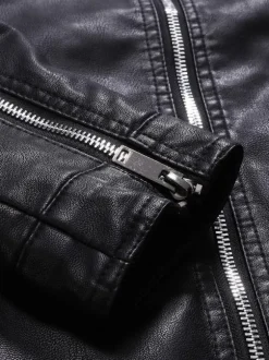 Men Faux Leather Jacket Long Sleeves Casual Windbreaker Lightweight Outwear Coat