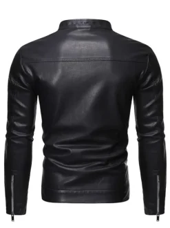 Men Faux Leather Jacket Long Sleeves Casual Windbreaker Lightweight Outwear Coat