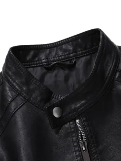 Men Faux Leather Jacket Long Sleeves Casual Windbreaker Lightweight Outwear Coat