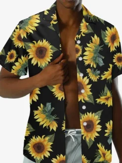 Men Funky Hawaiian Shirts Short Sleeve Summer Vacation Sunflower Printed Beach Casual Hawaii Shirt