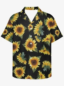 Men Funky Hawaiian Shirts Short Sleeve Summer Vacation Sunflower Printed Beach Casual Hawaii Shirt