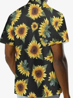 Men Funky Hawaiian Shirts Short Sleeve Summer Vacation Sunflower Printed Beach Casual Hawaii Shirt