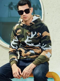 Men Hoodies Hooded Long Sleeves Camouflage Polyester Casual Sweatshirt