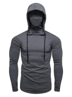 Men Hoodies Hooded Long Sleeves Polyester Grey Sweatshirt