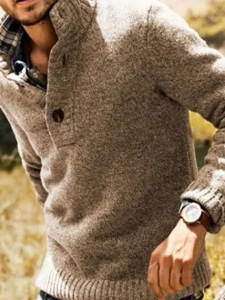 Men Hoodies Stand Collar Long Sleeves Buttons Polyester Sweatshirt