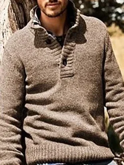 Men Hoodies Stand Collar Long Sleeves Buttons Polyester Sweatshirt
