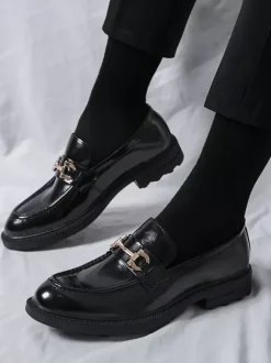 Men Horsebit Loafers Slip-on Leather Chunky Round Toe Shoes