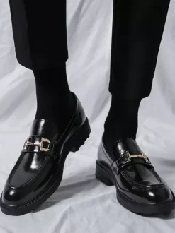 Men Horsebit Loafers Slip-on Leather Chunky Round Toe Shoes