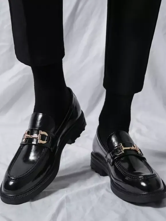 Men Horsebit Loafers Slip-on Leather Chunky Round Toe Shoes