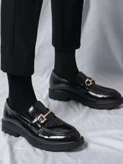 Men Horsebit Loafers Slip-on Leather Chunky Round Toe Shoes