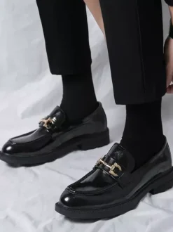 Men Horsebit Loafers Slip-on Leather Chunky Round Toe Shoes