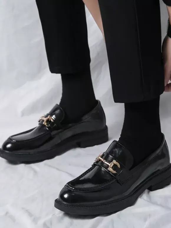 Men Horsebit Loafers Slip-on Leather Chunky Round Toe Shoes