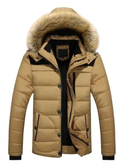 Men Jackets Casual Daily Casual Stand Collar Long Sleeves Fur Hooded Khaki Puffer Coats