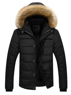 Men Jackets Casual Daily Casual Stand Collar Long Sleeves Fur Hooded Khaki Puffer Coats