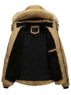 Men Jackets Casual Daily Casual Stand Collar Long Sleeves Fur Hooded Khaki Puffer Coats