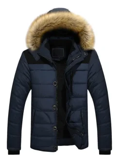 Men Jackets Casual Daily Casual Stand Collar Long Sleeves Fur Hooded Khaki Puffer Coats
