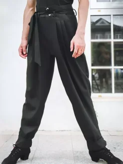 Men Latin Dance Pants Black Polyester Bottoms Adults Dancing Wear