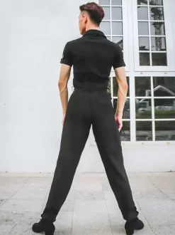 Men Latin Dance Pants Black Polyester Bottoms Adults Dancing Wear