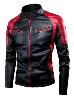 Men Leather Jackets PU Leather Windbreaker Black Patchwork Winter Coats