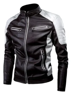 Men Leather Jackets PU Leather Windbreaker Black Patchwork Winter Coats