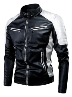 Men Leather Jackets PU Leather Windbreaker Black Patchwork Winter Coats
