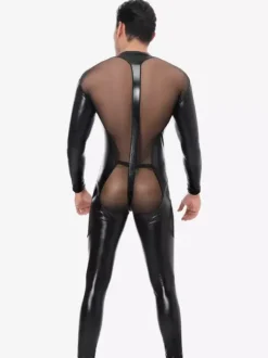 Men Mesh Patch Faux Leather Long Sleeve Catsuit Bodysuit