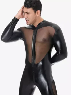 Men Mesh Patch Faux Leather Long Sleeve Catsuit Bodysuit
