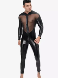 Men Mesh Patch Faux Leather Long Sleeve Catsuit Bodysuit