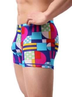 Men Panties Printed Aqua Geometric Lycra Silk Boxer Briefs Lingerie