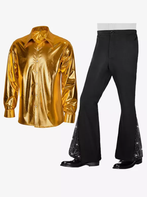 Men's 2 Piece Disco Sets Shiny 70s Vintage Disco Shirt And Sequin Bell Bottom Pants Retro Hippie Disco Style Dude Costume Suits