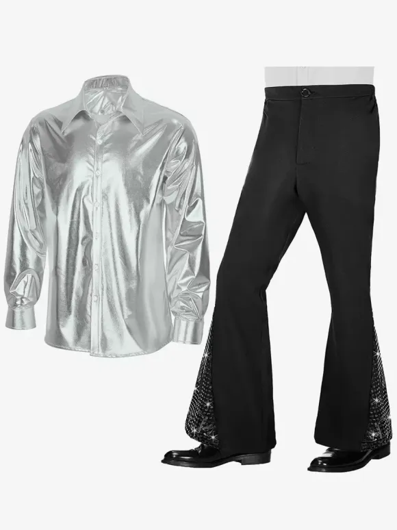 Men's 2 Piece Disco Sets Shiny 70s Vintage Disco Shirt And Sequin Bell Bottom Pants Retro Hippie Disco Style Dude Costume Suits