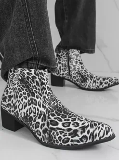 Men's Ankel Boots Leopard Round Toe Chunky Heel Booties