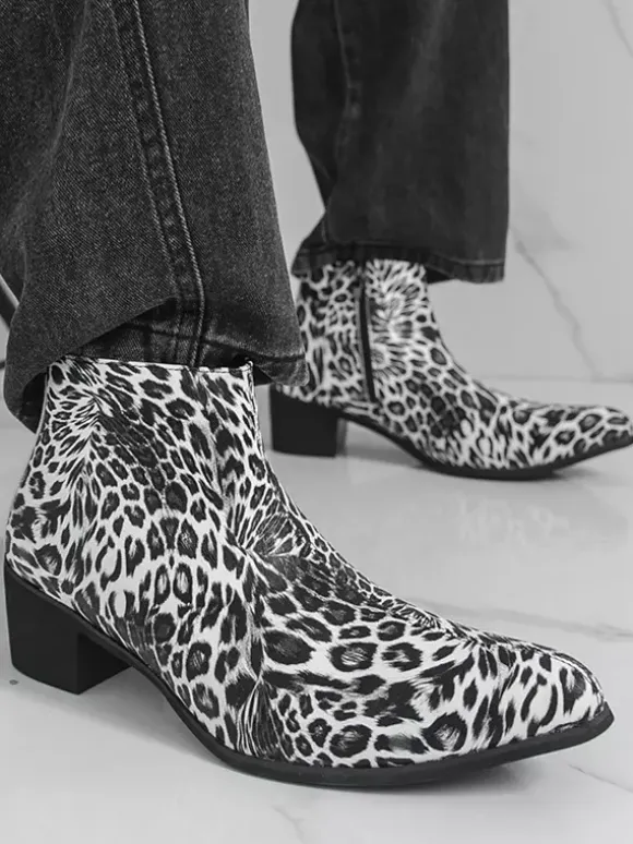 Men's Ankel Boots Leopard Round Toe Chunky Heel Booties