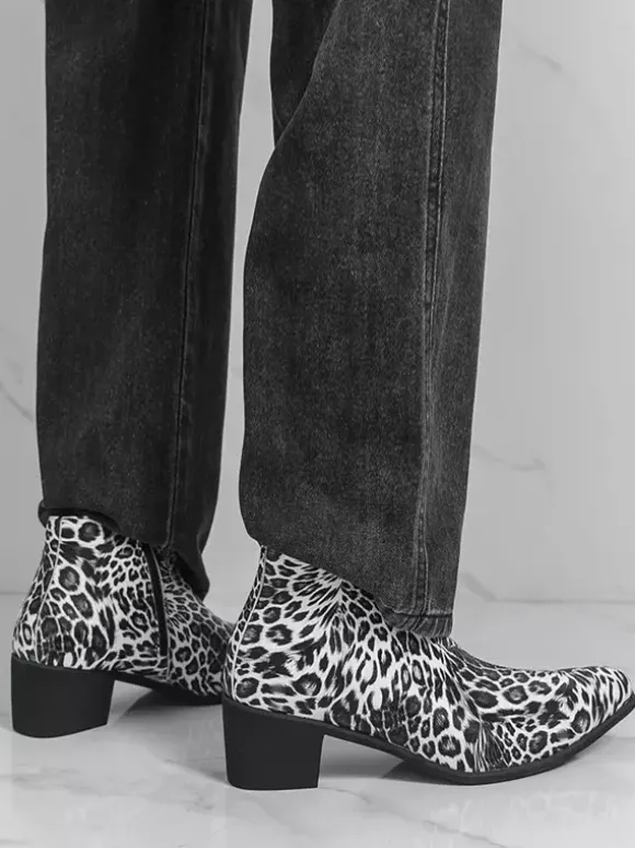 Men's Ankel Boots Leopard Round Toe Chunky Heel Booties