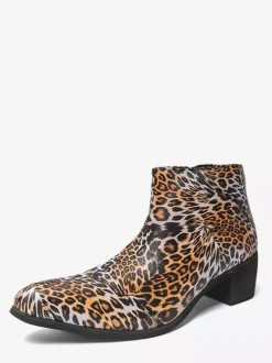 Men's Ankel Boots Leopard Round Toe Chunky Heel Booties