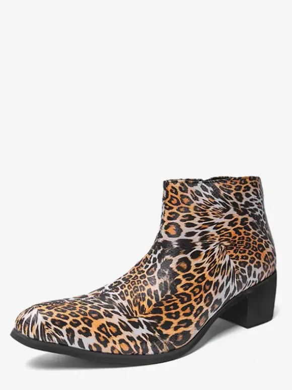 Men's Ankel Boots Leopard Round Toe Chunky Heel Booties