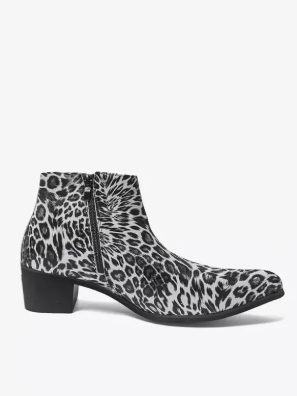 Men's Ankel Boots Leopard Round Toe Chunky Heel Booties