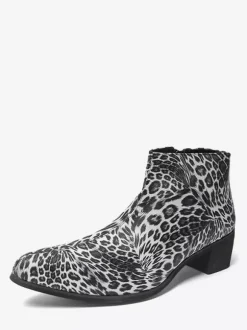 Men's Ankel Boots Leopard Round Toe Chunky Heel Booties