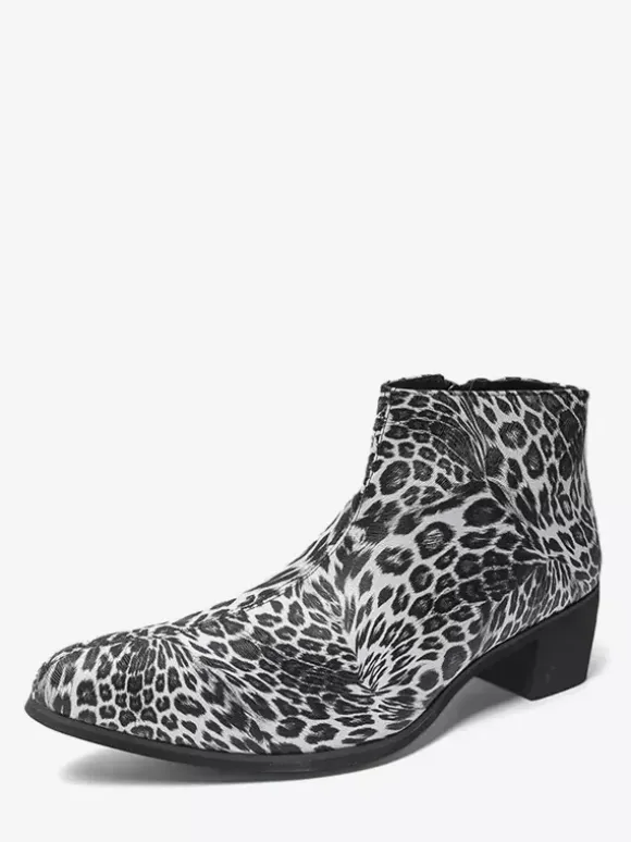 Men's Ankel Boots Leopard Round Toe Chunky Heel Booties