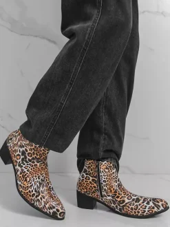 Men's Ankel Boots Leopard Round Toe Chunky Heel Booties