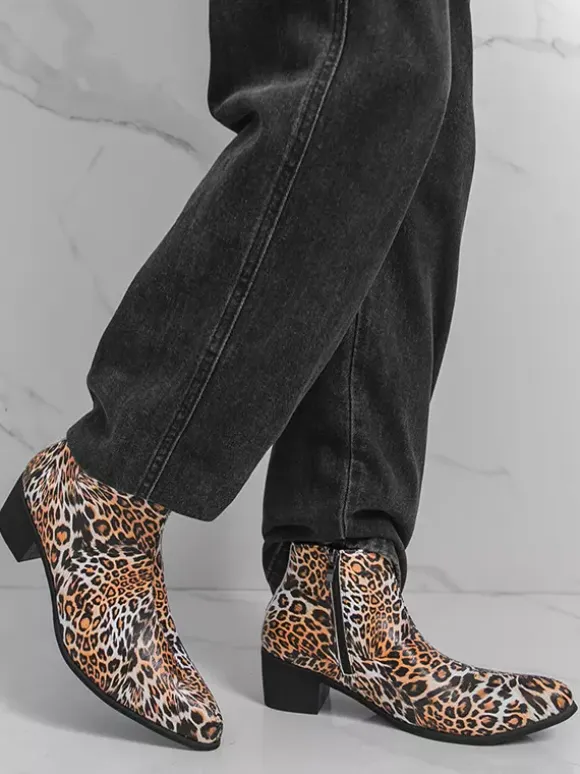 Men's Ankel Boots Leopard Round Toe Chunky Heel Booties